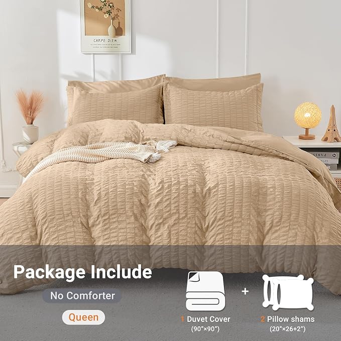 HYMOKEGE Khaki Duvet Cover King Size, Ultra Soft 3-Piece Seersucker Duvet Cover - Image 5