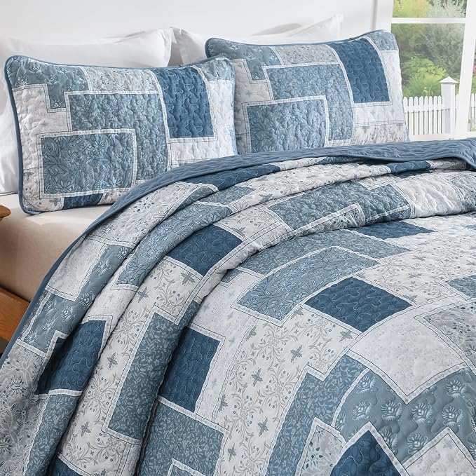 Xruibed Blue Boho Quilt Set Queen Size, 3 Pieces Plaid Floral Bedspread - Image 5