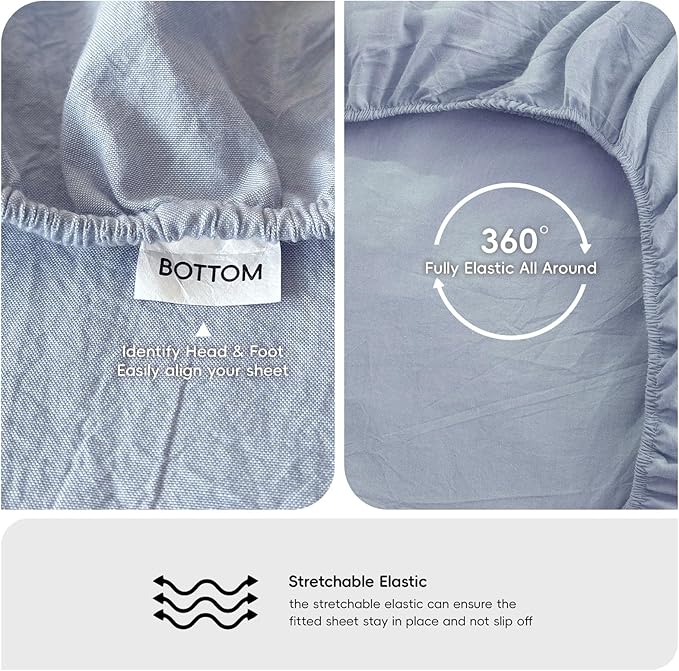 MooMee Fitted Bottom Sheet Only 100% Washed Cotton Linen Like Textured - Image 4