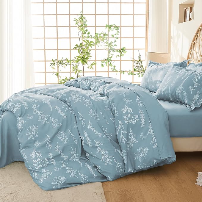 MUXHOMO Duvet Cover Queen Size, Reversible Floral Mineral Blue Duvet Cover Set - Image 2