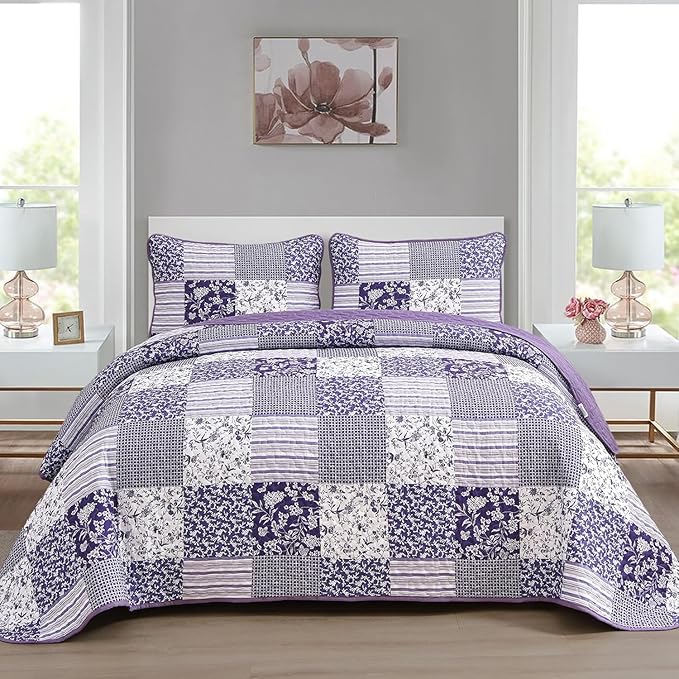 Mybedsoul Purple Quilt Set Twin Size, 2 Pieces Plaid Floral Bedspread Set by Mybedsoul
