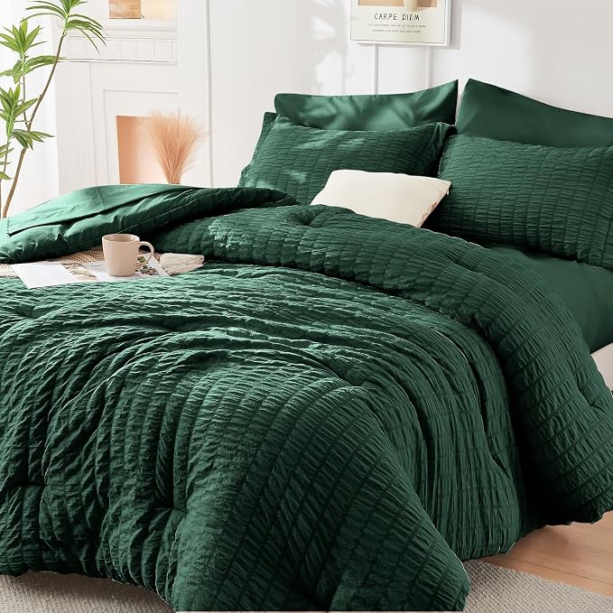 HYMOKEGE Emerald Green California King Comforter Set Seersucker 7 Pieces by HYMOKEGE