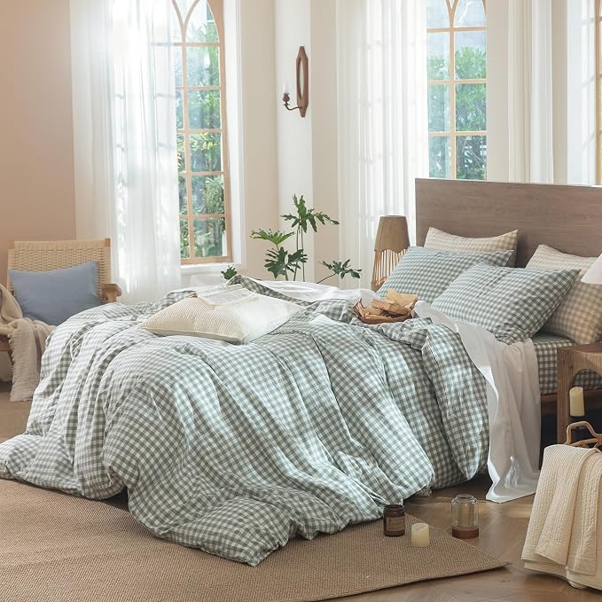 MooMee Gingham Duvet Cover Set 100% Washed Cotton Linen Like Textured - Image 3