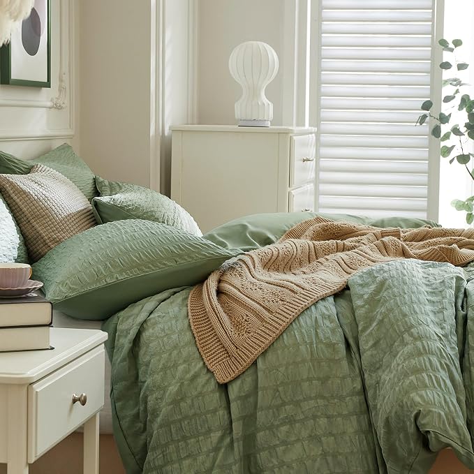 JELLYMONI Dark Green Duvet Cover King Size, Soft Breathable Seersucker Duvet - Image 7