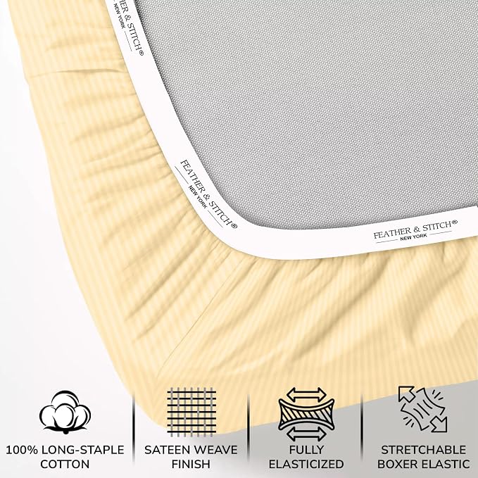 Feather & Stitch 1 Piece Fitted Sheet Twin Size, 100% Cotton Damask Sateen Weave - Image 2