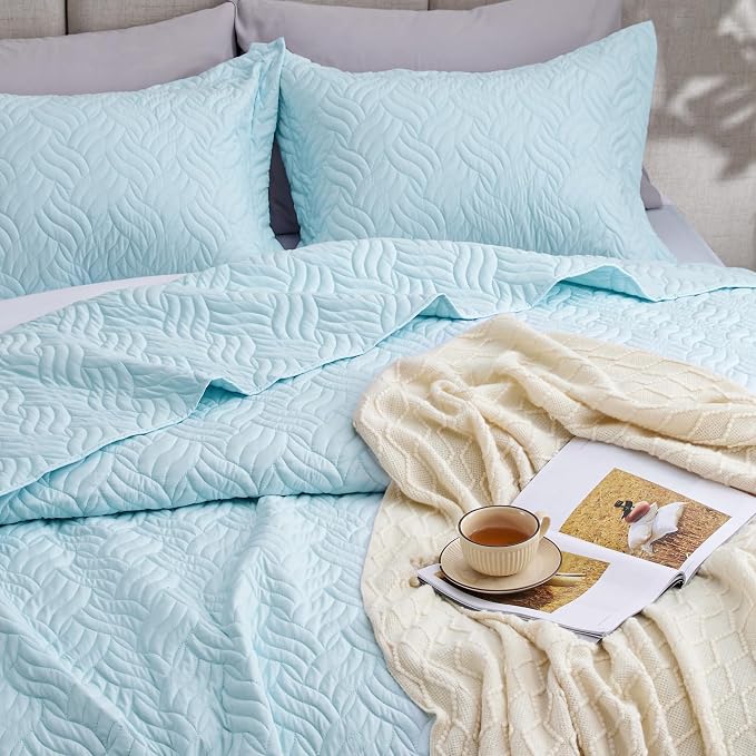 Love's cabin Twin Quilt Set Light Blue Bedspreads - Image 7