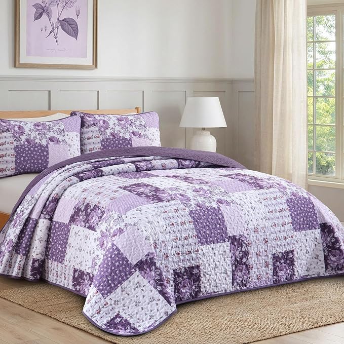 Anibedding Floral Patchwork Quilts Queen Size, 3Pieces Boho Farmhouse Floral - Image 2