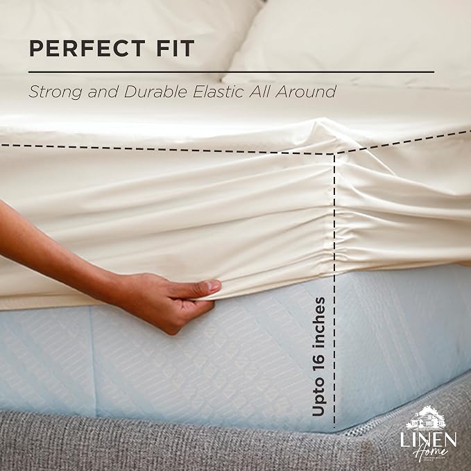 Linen Home 100% Cotton Percale Weave Fitted Sheet Twin Size, Ivory – Crisp - Image 3