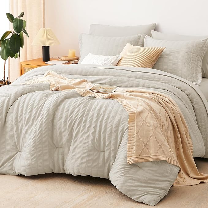 CozyLux King Size Comforter Set Oatmeal Seersucker 7 Pieces Bed in a Bag King by CozyLux