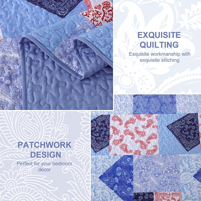 Mybedsoul Blue Patchwork Queen Size Quilt, Cozy Boho Floral Spring Bedspreads - Image 4
