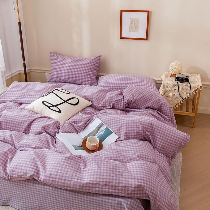 mixinni Purple Gingham Grid Duvet Cover Queen, 100% Washed Cotton Modern by mixinni