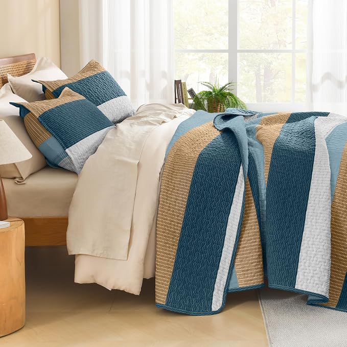 Litanika California King Quilt Set FBird, Stripe Patchwork Summer Bedspread - Image 2