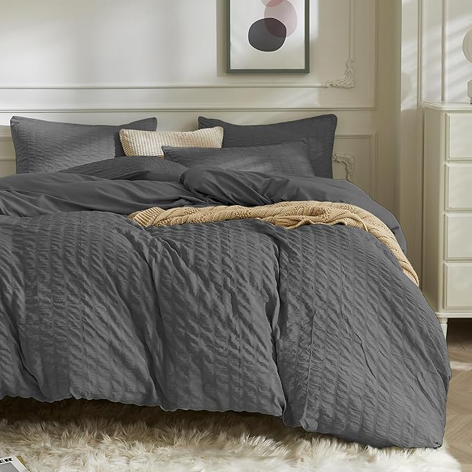 JELLYMONI Charcoal Grey Duvet Cover King Size, Soft Breathable Seersucker Duvet by JELLYMONI