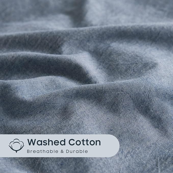 Wake In Cloud - Cotton Duvet Cover Set, Full Size, Chambray Denim Blue - Image 6