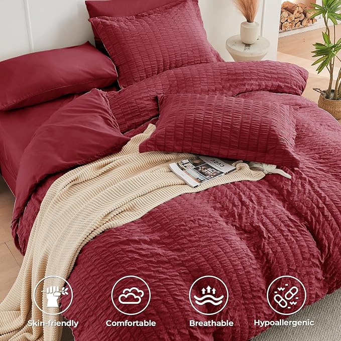 HYMOKEGE Burgundy King Size Comforter Set Seersucker 7 Pieces, All Season - Image 3