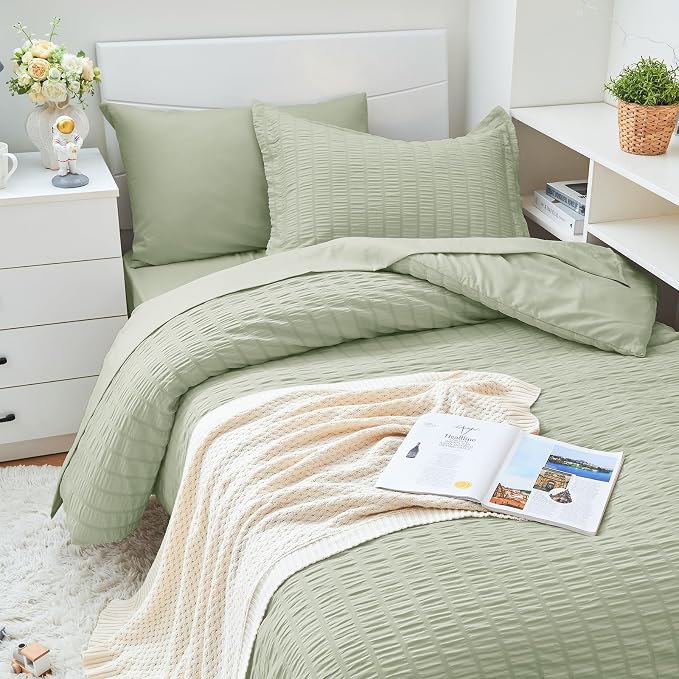 HYMOKEGE Light Green Twin XL Comforter Set Seersucker 5 Pieces, All Season - Image 2