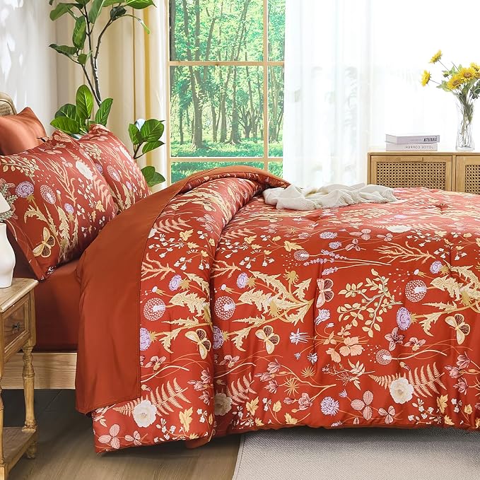 Yiran Queen Comforter Set 7 Piece, Burnt Orange Floral Bedding Set, Bed in a - Image 3