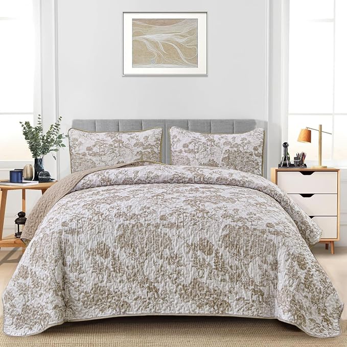 WONGS BEDDING Botanical Quilt Set California King Size, Khaki 3 Pieces Toile - Image 2