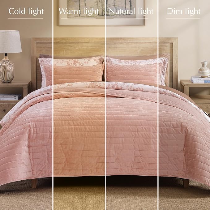 WRENSONGE Velvet King Size Quilt Set-3 Pieces Clay Pink Luxurious Velvet - Image 7