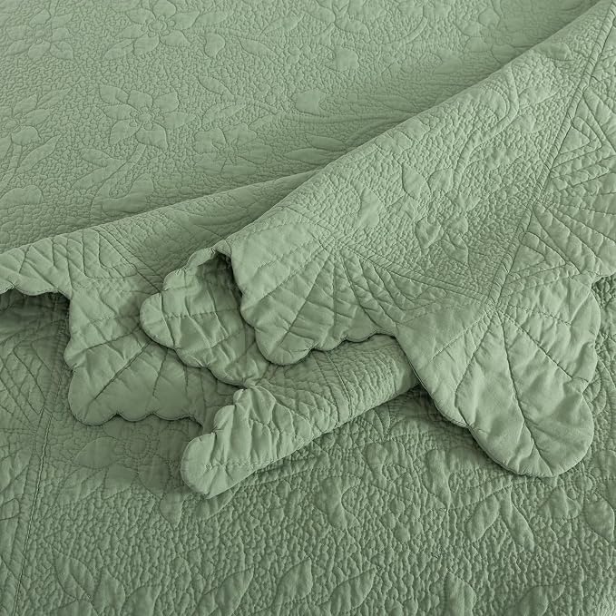 Brandream Luxury King Quilt Set Cotton Sage Green Floral Vine Stitching - Image 8