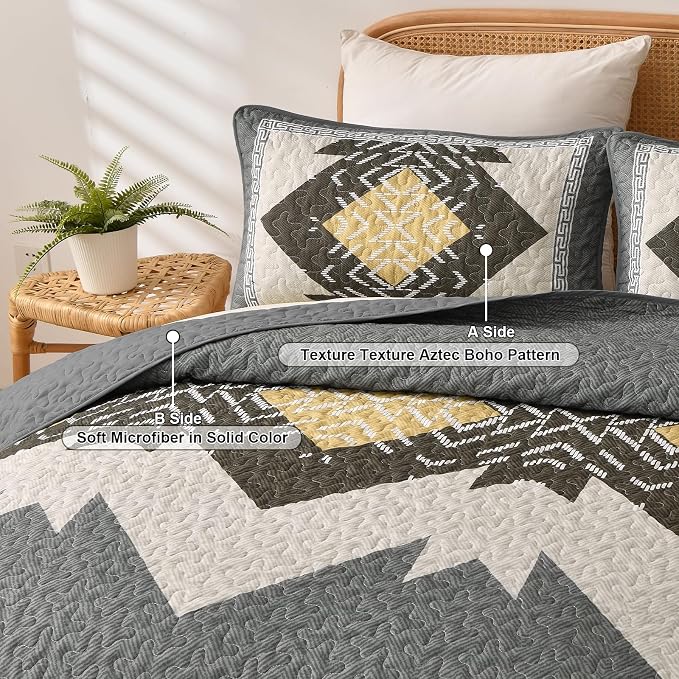 Dintszyayue Grey Boho Quilt Set Queen, Aztec Western Quilt Bedspread Set - Image 4