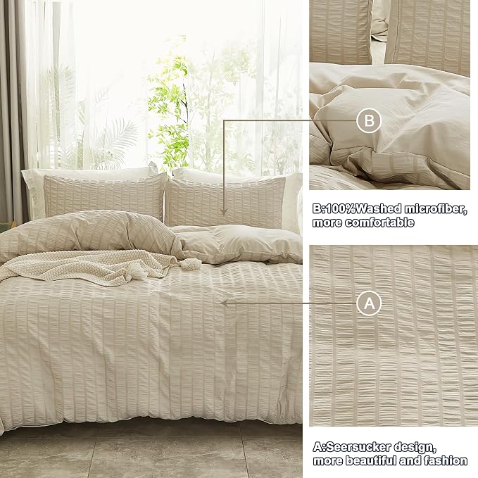 AveLom Beige Seersucker Duvet Cover Set King Size, 3 Pieces, Ultra Soft Washed - Image 5
