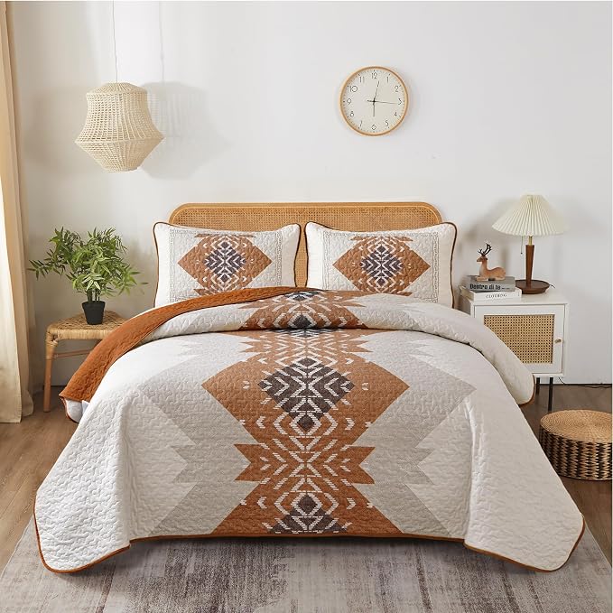 Dintszyayue Burnt Orange Quilt Set Boho California King Size, 3 Piece Aztec by Dintszyayue