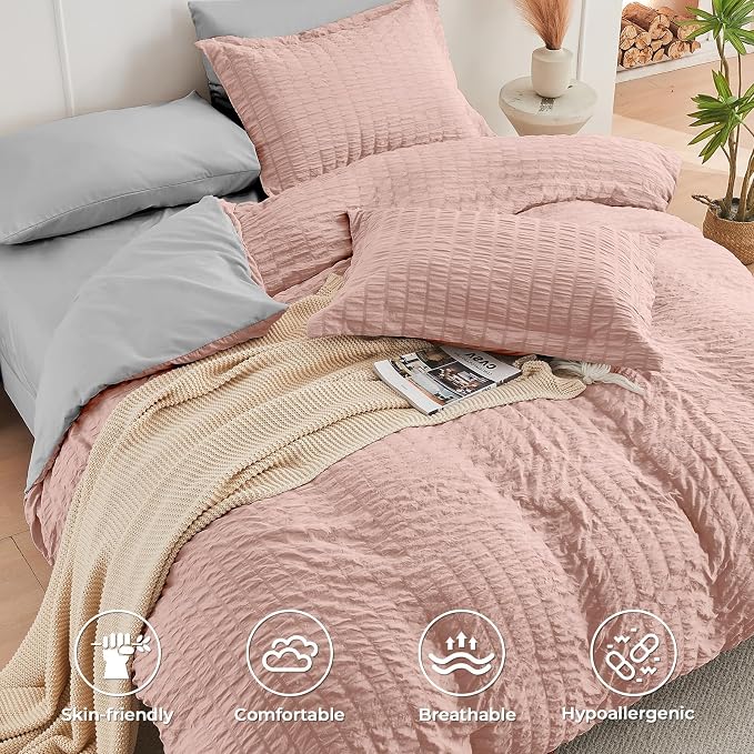 HYMOKEGE Rose Gold/Light Grey California King Comforter Set Seersucker 7 Pieces - Image 3