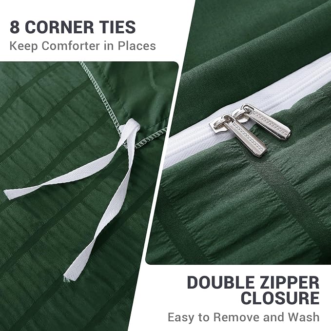 HYMOKEGE Dark Green Duvet Cover Queen Size, Ultra Soft 3-Piece Seersucker Duvet - Image 5