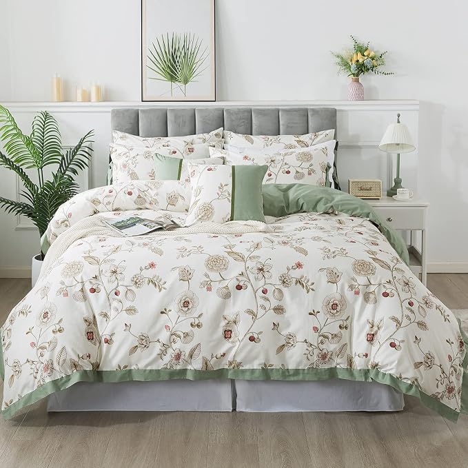 FADFAY Floral Bedding Set King/Cal King 100% Cotton Shabby and Chic Beige Green - Image 8