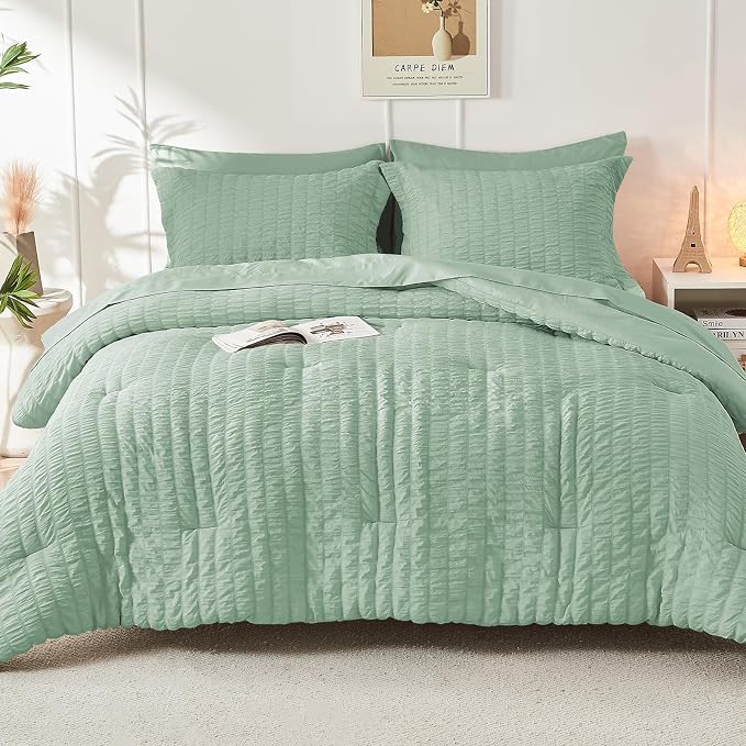 HYMOKEGE Sage Green Twin Comforter Set Seersucker 5 Pieces, All Season Luxury - Image 9