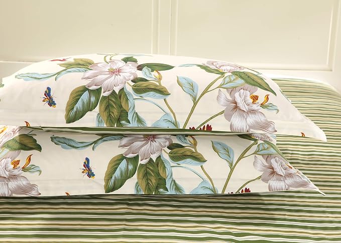 FADFAY Floral Duvet Cover Set 100% Cotton Green and Beige Striped Shabby Flower - Image 7