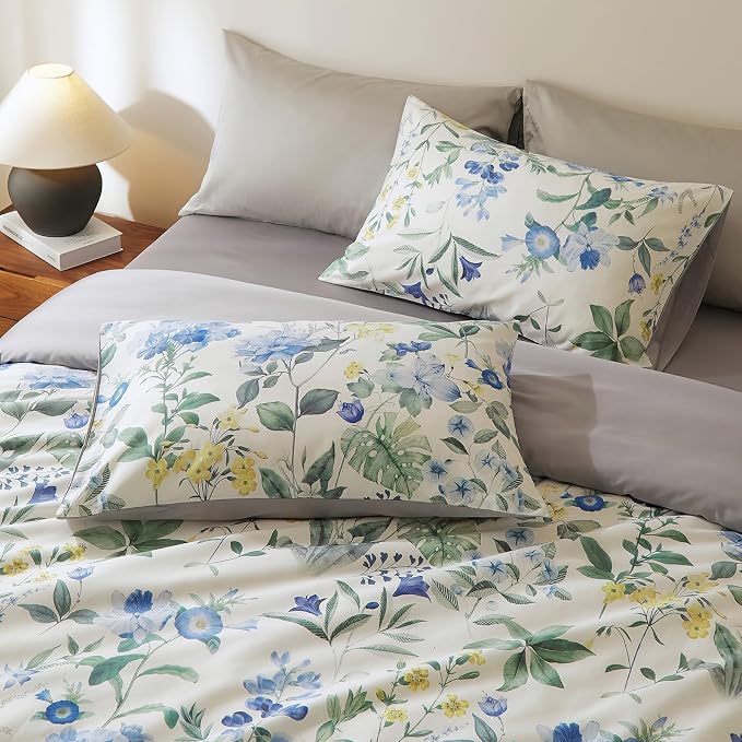 mixinni Reversible Floral Duvet Cover Set Queen Size, 3 Piece Blue Green - Image 3