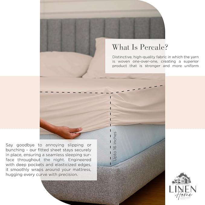 Linen Home 100% Cotton Percale Sheets Full Size, Sand Shell, Deep Pocket - Image 4