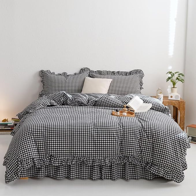 MKXI Black and White Gingham Duvet Cover Full, 3-Piece Ruffled Bedding Set - Image 5