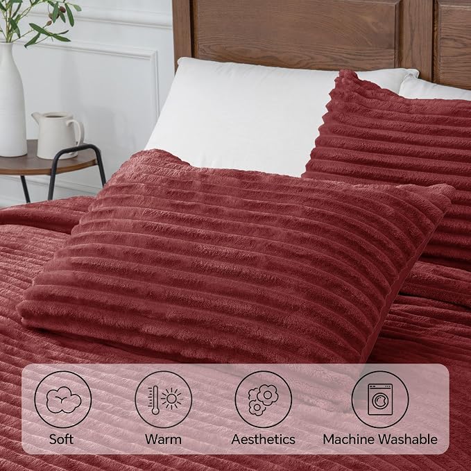BEDELITE Fleece Queen Comforter Set -Super Soft & Warm Fluffy Burgundy Bedding - Image 5