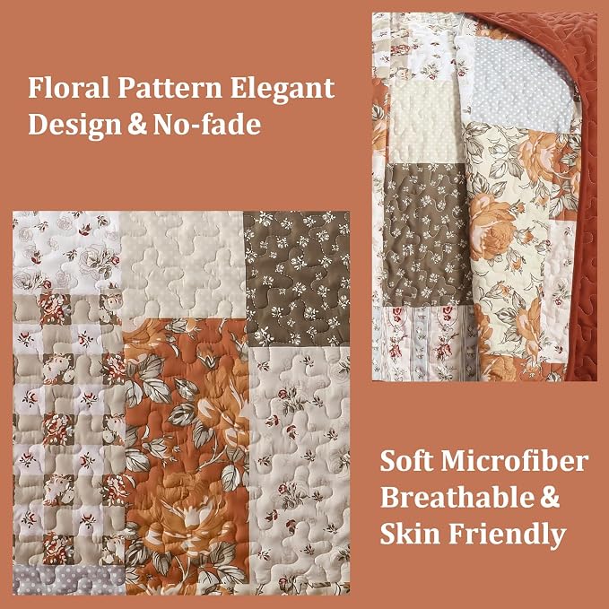 Patchwork Quilts Set Queen Size 3 Pieces Terracotta Plaid Bedspread Coverlet Set - Image 3