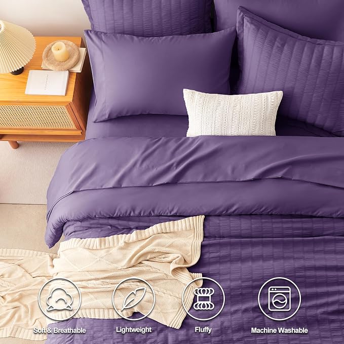 CozyLux King Size Comforter Set Purple Seersucker 7 Pieces Bed in a Bag King - Image 2