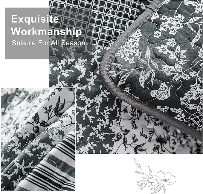 Mybedsoul Black Grey Boho Quilt Set California King Size, 3 Pieces Plaid Floral - Image 3