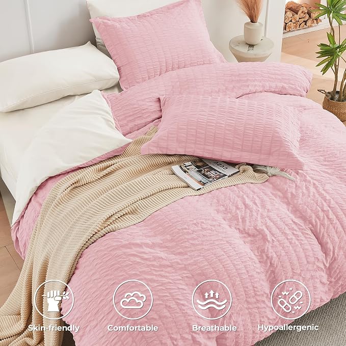 HYMOKEGE Pink/Ivory King Size Comforter Set Seersucker 7 Pieces, All Season - Image 4