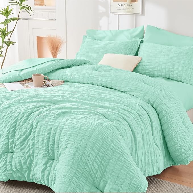HYMOKEGE Mint Green California King Comforter Set Seersucker 7 Pieces, All by HYMOKEGE