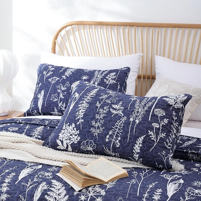 JANZAA Quilts Queen Size Navy Blue Floral Queen Quilt Bedding Set Microfiber - Image 3