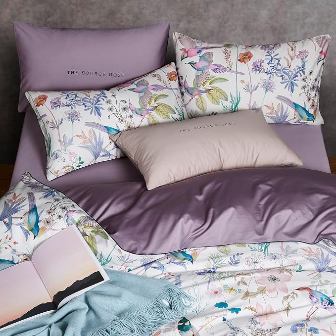 mixinni Queen Size Duvet Cover Purple Flowers Bird Bedding Sets Shabby Chic - Image 3