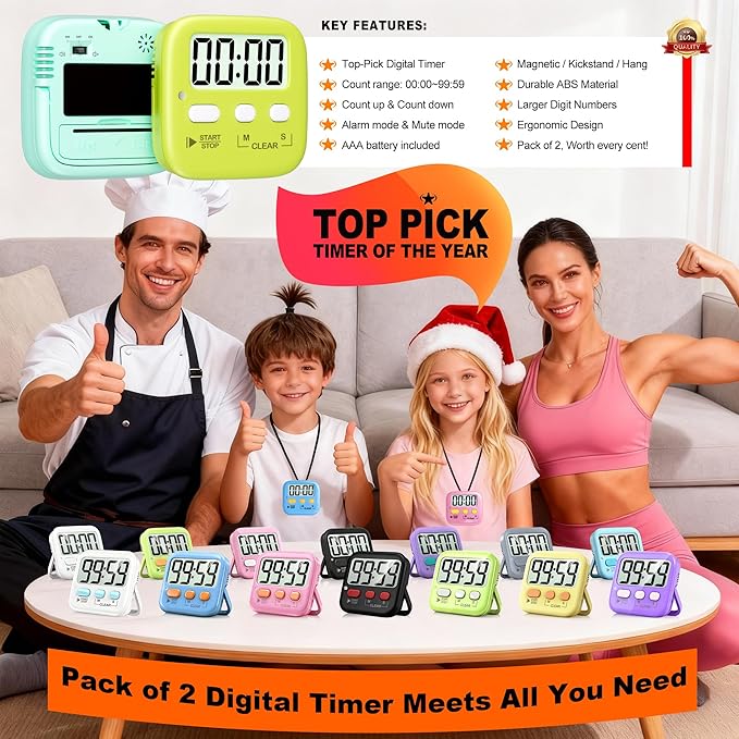 Antonki 2 Pack Digital Timer for Kids, Magnetic Countdown Kitchen Timers for - Image 8