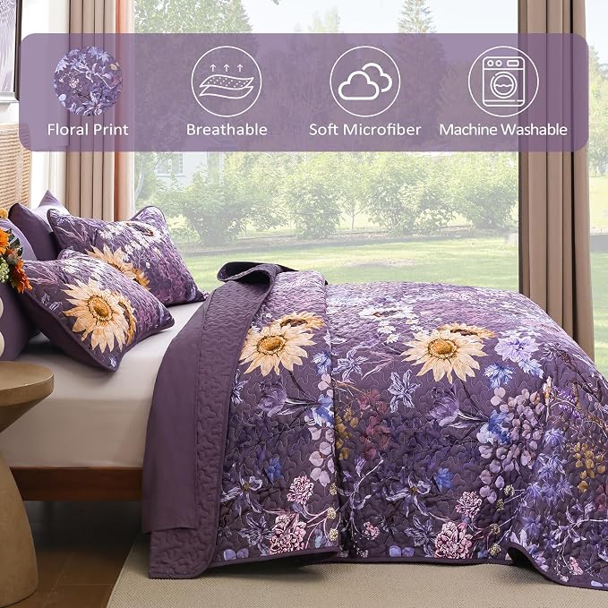Yiran Floral King Quilt Bedding Set, 3 Pieces Summer Soft Lightweight Coverlet - Image 6