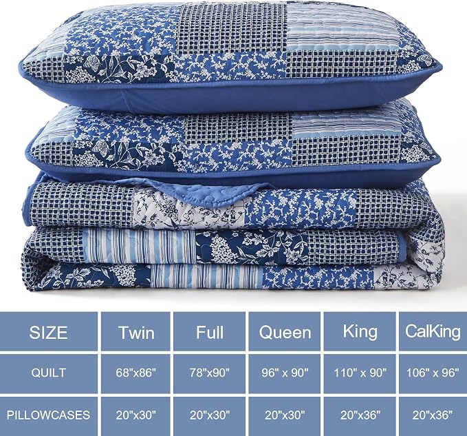 Mybedsoul Blue Quilt Set Twin Size, 2 Pieces Plaid Floral Bedspread Set - Image 6