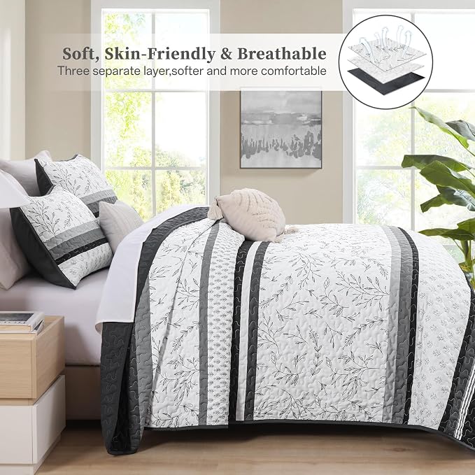 Quilt Set Queen Size, 3 Piece Soft Lightweight Microfiber Quilt Bedding Set - Image 4