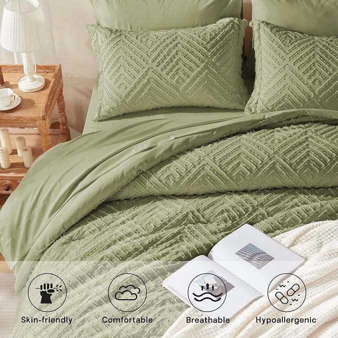 Zzlpp Full Comforter Set 7 Pieces, Army Green Tufted Bed in a Bag, All Season - Image 3