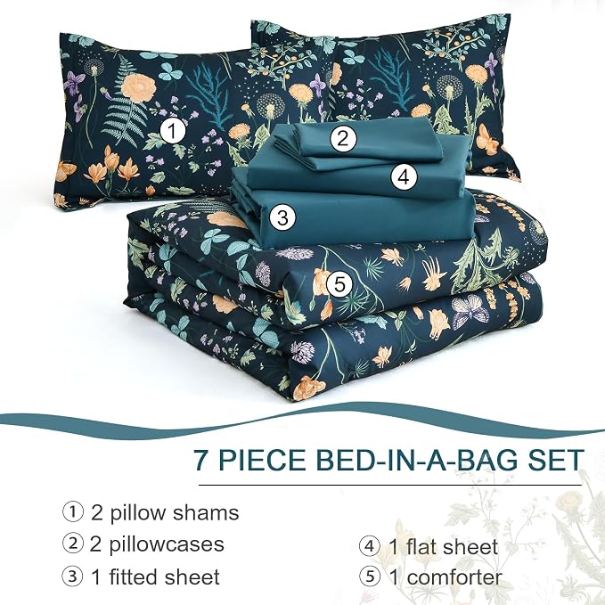 Yiran Comforter Set Queen Size, 7 Piece Peacock Blue Floral Comforters - Image 7