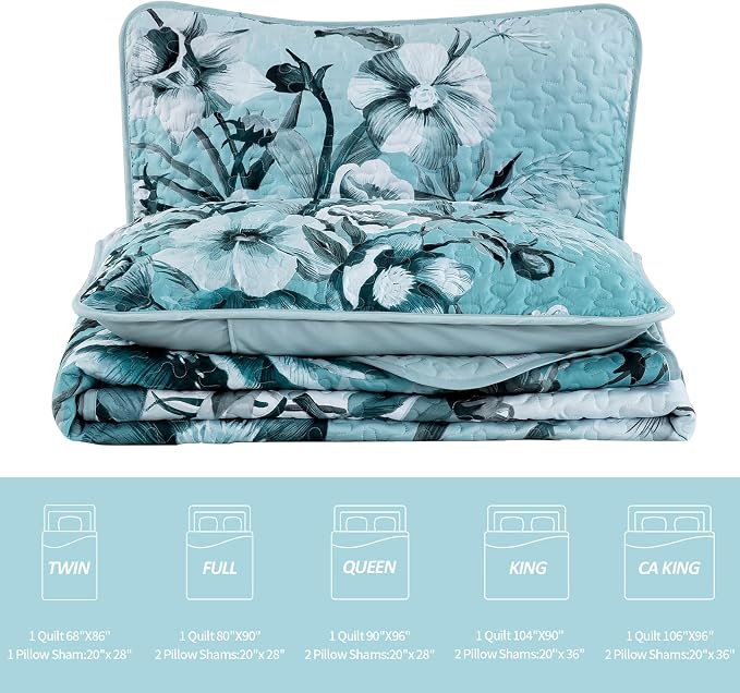 Blue Floral Quilt Set King Size 3 Pieces Boho Flower Quilt Coverlet Set Soft - Image 7